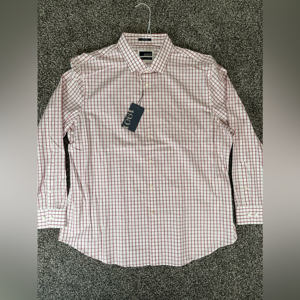 1901 Men’s 17.5-32.5 XL Slim Fit Button Up Long Sleeve Shirt Plaid Cotton Red